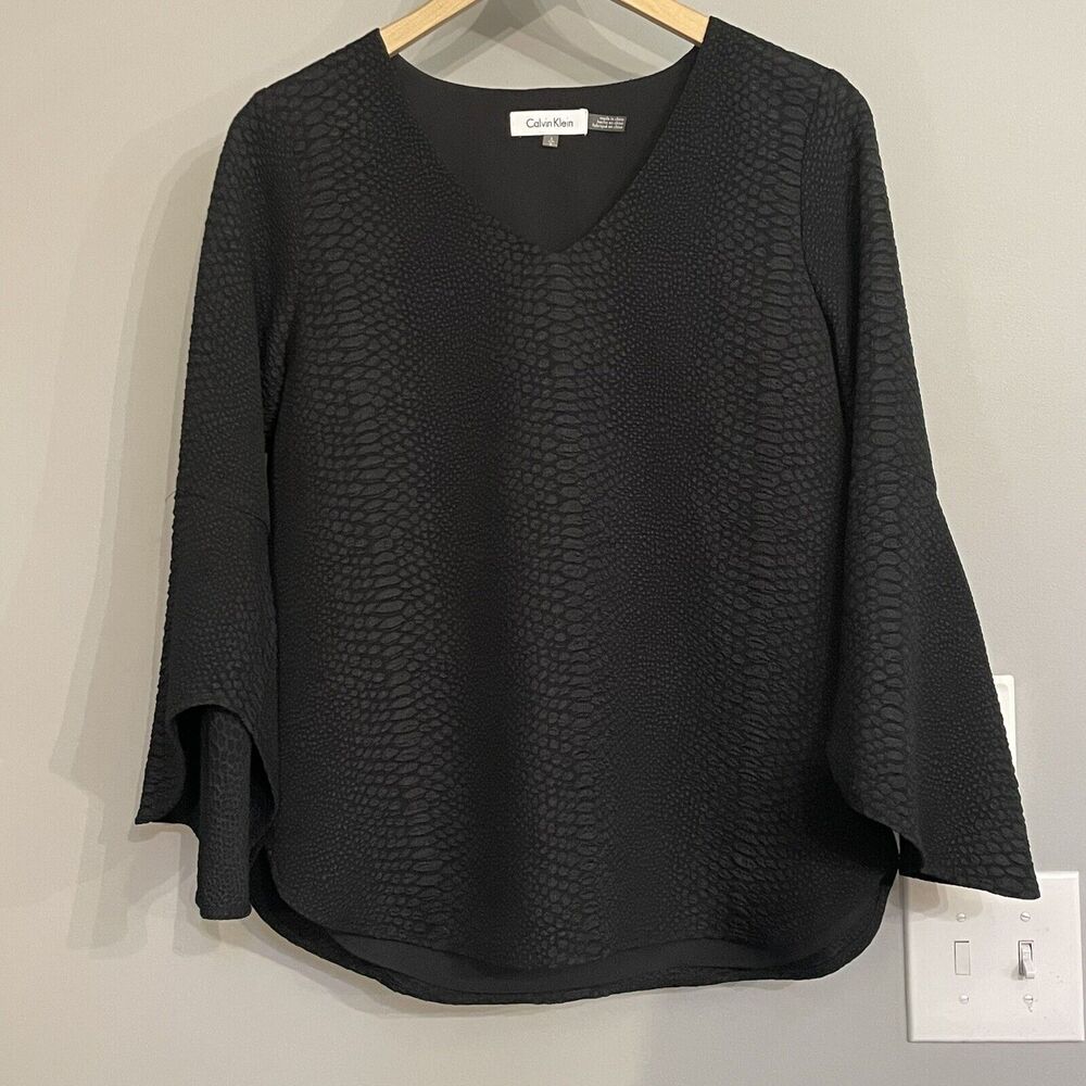 Calvin Klein Top Black Bell Sleeve V Neck Classy Office Blouse Size‎ Small